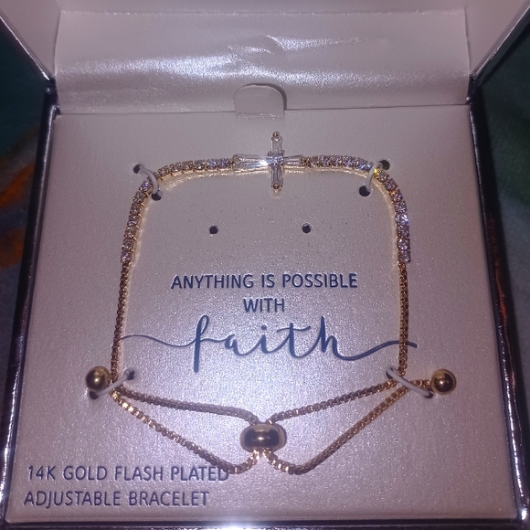 Gratitude and Grace Crystal Cross 14k Gold Plated Bracelet - Picture 2 of 4